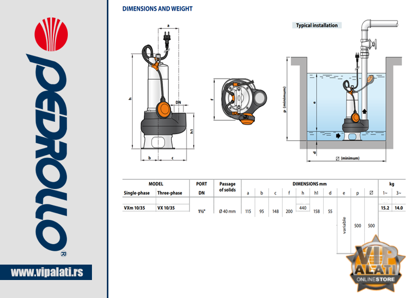 POTAPAJUĆA MULJNA PUMPA VXM 10/35 0,75KW INOX – PEDROLLO - Slika 2