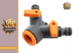 Dvostruki adapter sa ventilima TG-8477 – sivi plastični razdelnik sa narandžastim ventilima za baštenska creva