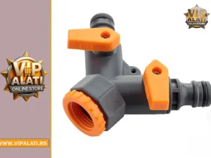 Dvostruki adapter sa ventilima TG-8477 – sivi plastični razdelnik sa narandžastim ventilima za baštenska creva