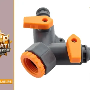 Dvostruki adapter sa ventilima TG-8477 – sivi plastični razdelnik sa narandžastim ventilima za baštenska creva