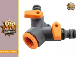 Dvostruki adapter sa ventilima TG-8477 – sivi plastični razdelnik sa narandžastim ventilima za baštenska creva