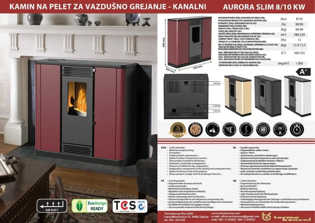 Kanalni suvi kamin na pelet Mareli Aurora Slim 10kW moderni slim kamin za grejanje više prostorija