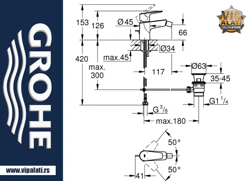 Baterija za bide GROHE BauEdge New 2021 23331001 hrom jednoručna slavina za kupatilo