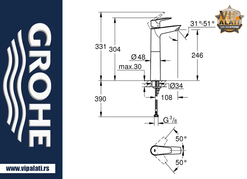 GROHE BauEdge New 2021 23761001 XL baterija za umivaonik hrom jednoručna slavina za nadgradni umivaonik