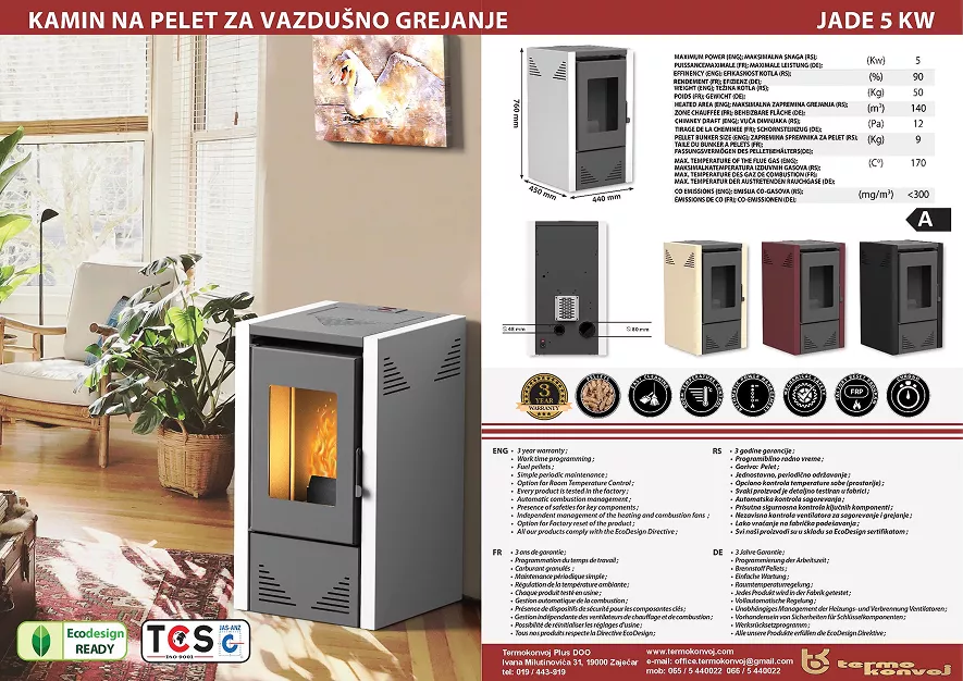 Kamin na pelet Mareli Jade 6kW crni moderan pelet kamin za ekonomično grejanje
